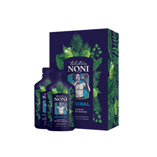Tahitian Noni Original superfruit wellness booster box packaging with tropical leaf design 