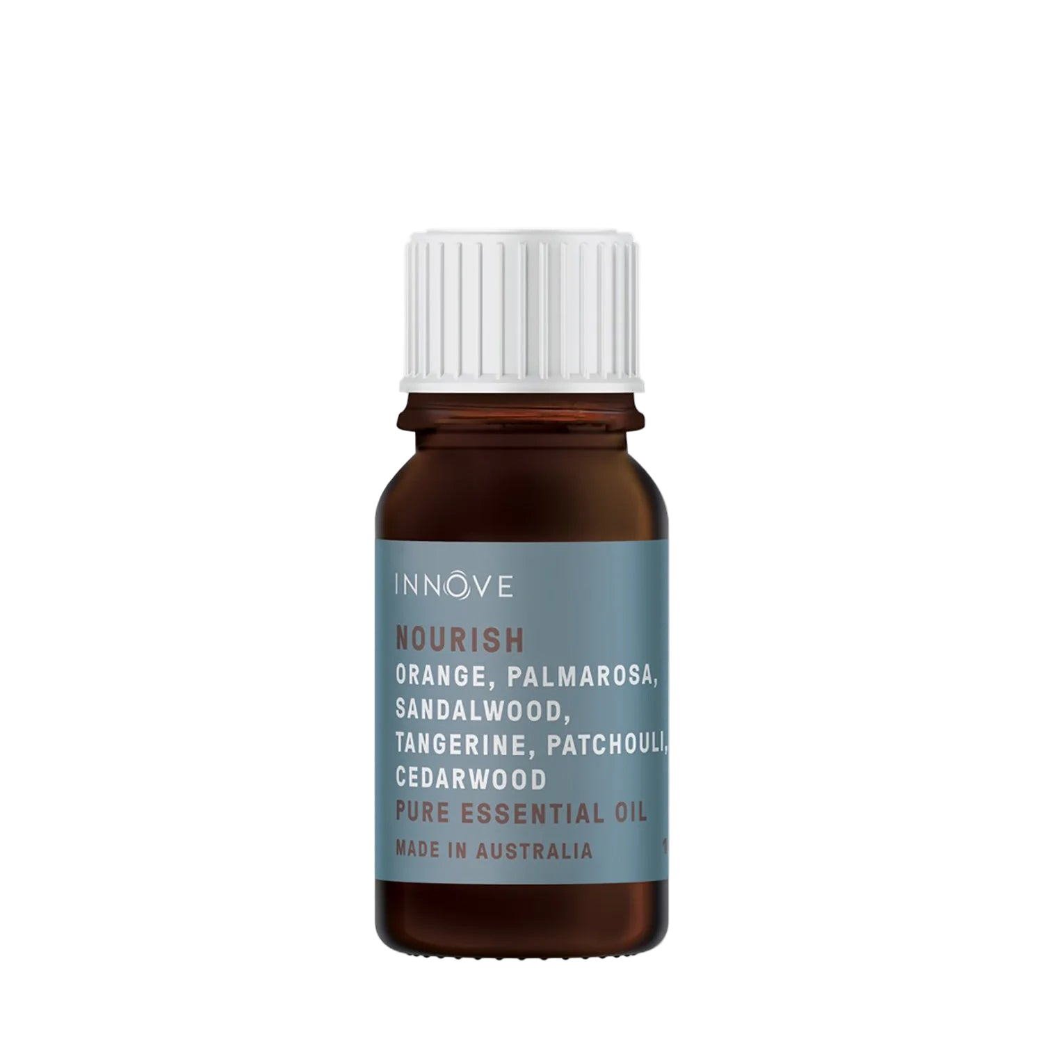 10mls Essential oil bottle named Nourish with orange, palmarosa , sandalwood, tangerine, patchouli and cedarwood and ylang ylang with a white cap on a Transparent background