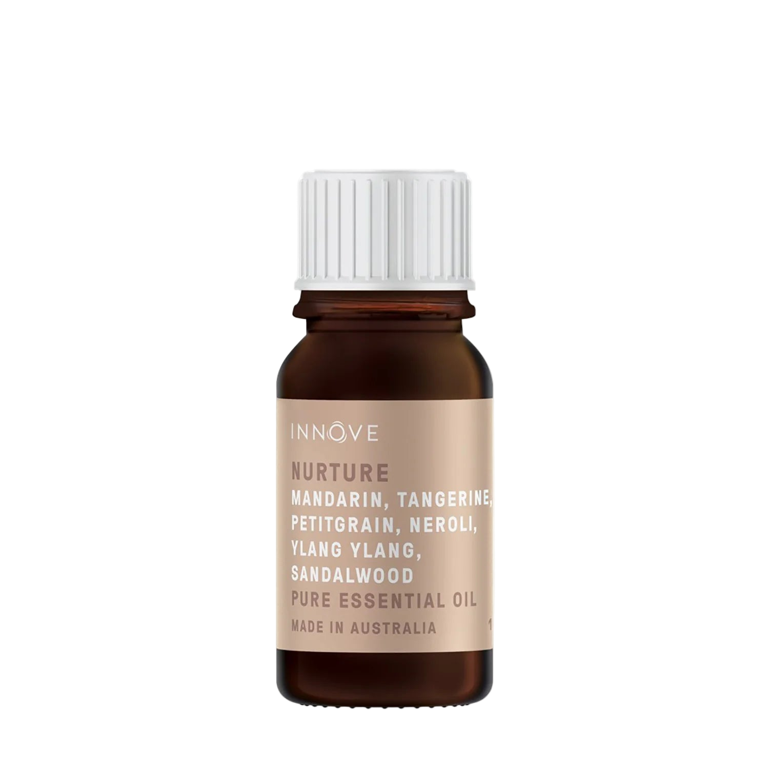 10mls Essential oil bottle named Nurture with mandarin, tangerine, petitgrain, neroli, ylang ylang and sandalwood with a white cap on a Transparent background
