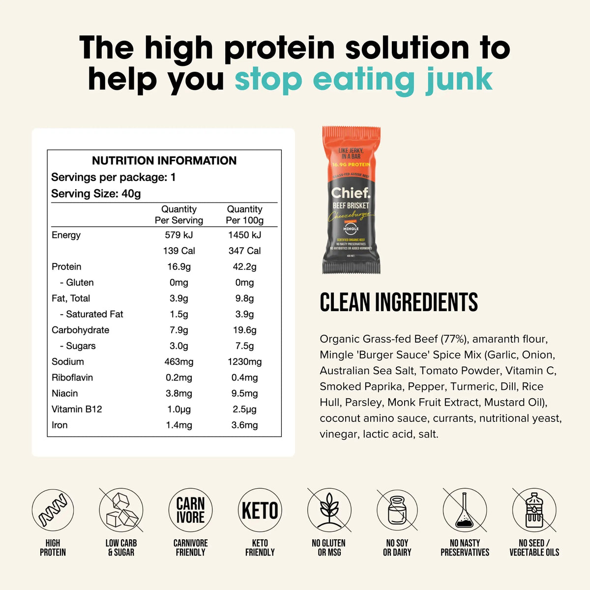 Promotional graphic for Chef's Clean Keto Spice Mix, featuring a nutrition information label, the orange and black spice mix bottle, a list of clean ingredients, and a row of certification icons on a light beige background.