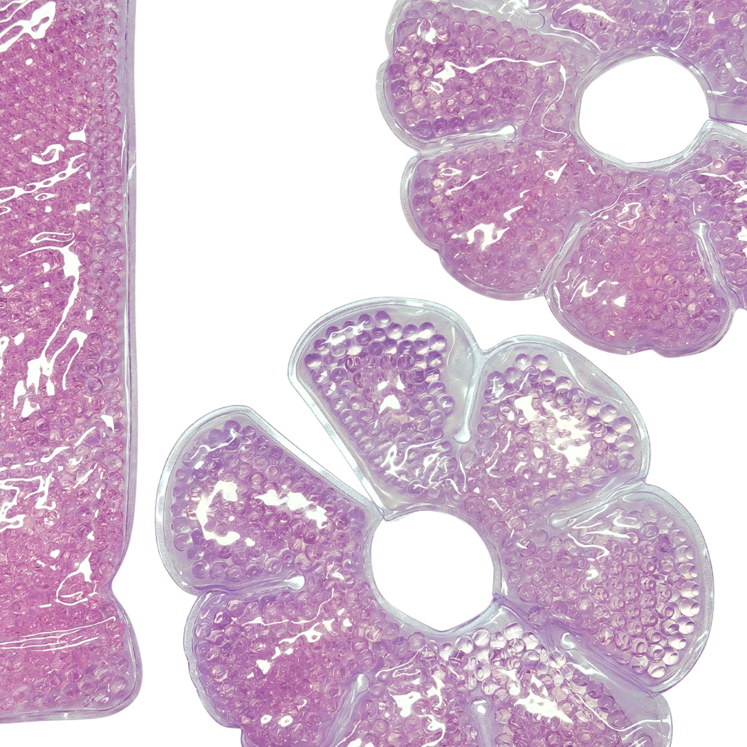 one perineal cold pack and two breast cold packs on a white background