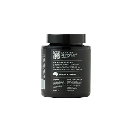 Black container par olive 10 active container of 30. Back of container.