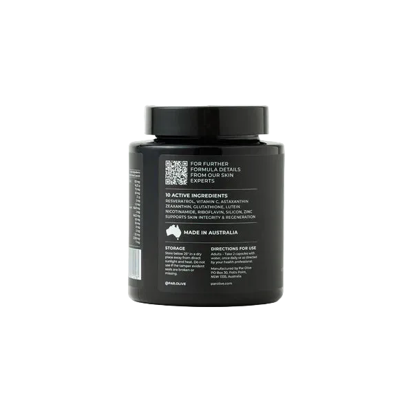 Black container par olive 10 active container of 30. Back of container.