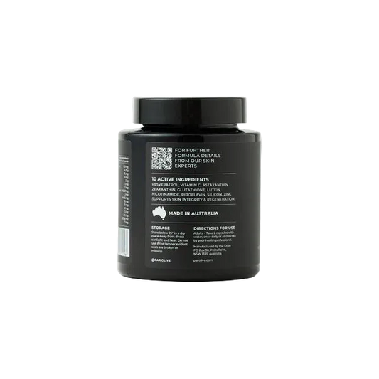 Black container par olive 10 active container of 30. Back of container.