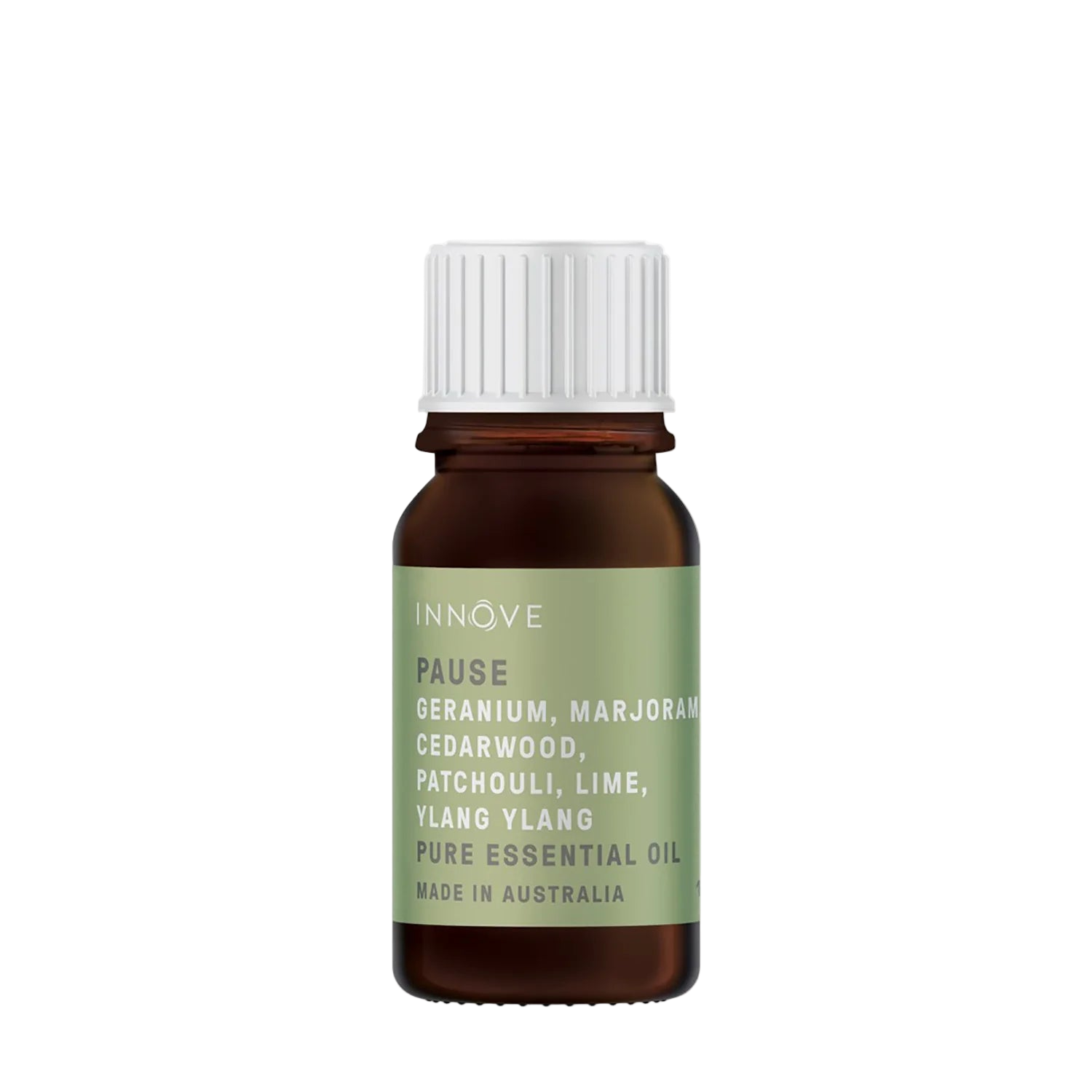 10mls Essential oil bottle named Pause with geranium, marjoram, cedarwood, patchouli, lime and ylang ylang with a white cap on a Transparent background