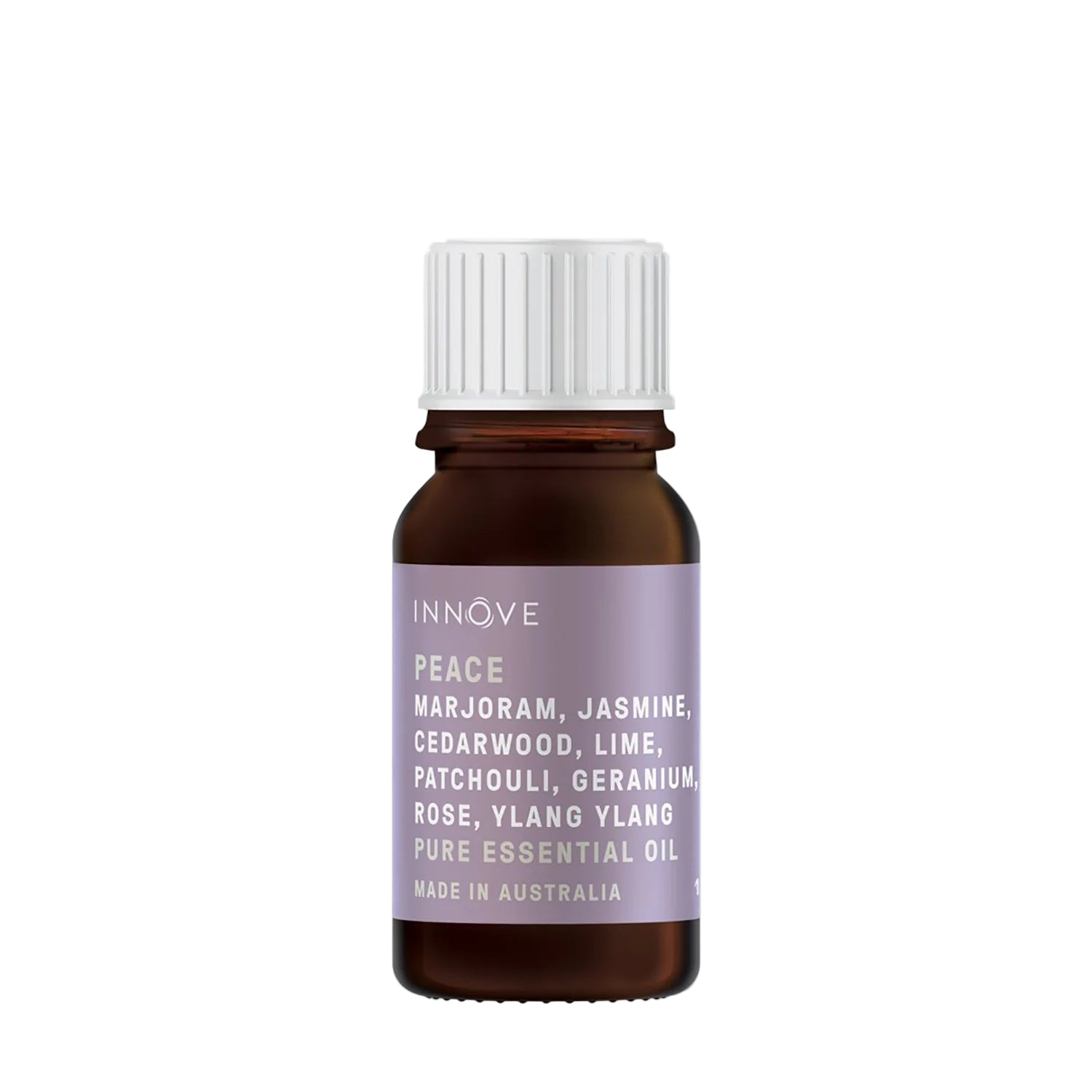 10mls Essential oil bottle named peace with marjoram, jasmine, cedarwood, lime, patchouli, geranium, rose and ylang ylang with a white cap on a Transparent background