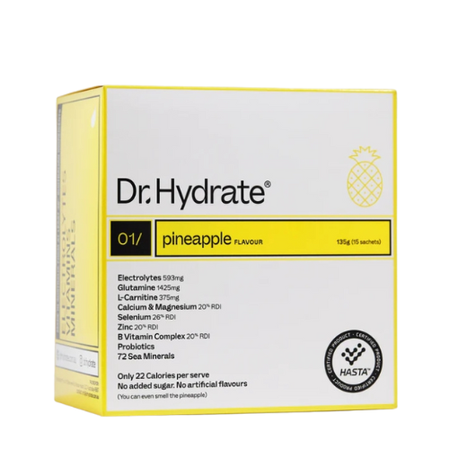 Box of Dr. Hydrate pineapple-flavored supplement 15 sachets