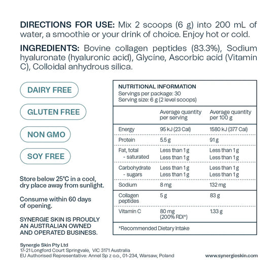 Product label with directions for use, ingredients, nutritional information, and branding details.