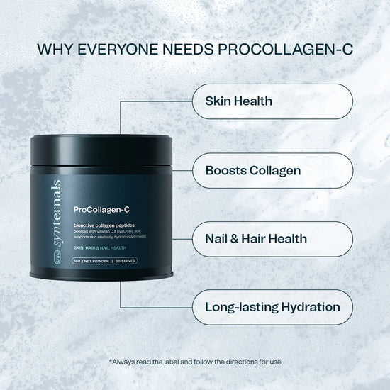 Synternals ProCollagen-C product with benefits listed ' skin health, boosts collagen, nail & hair health, long lasting hydration' on a textured grey background