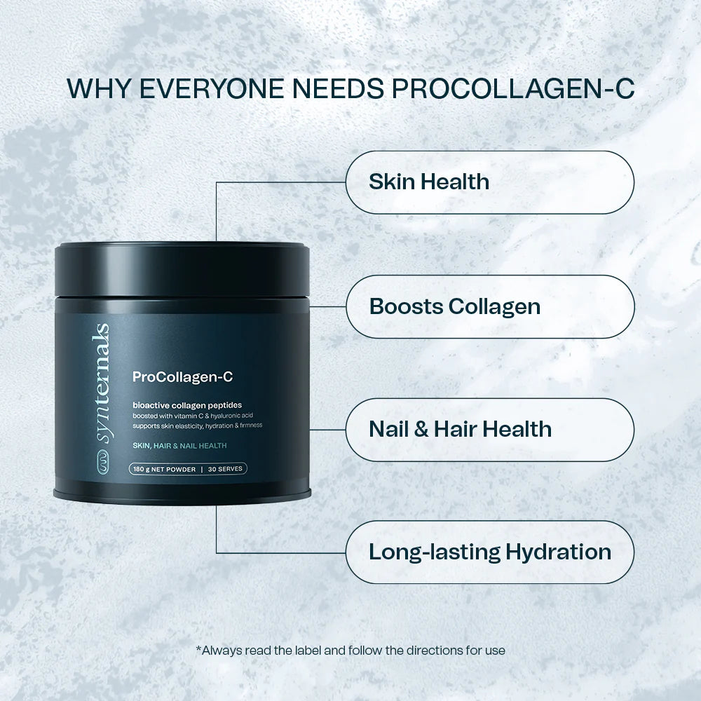 Synternals ProCollagen-C product with benefits listed ' skin health, boosts collagen, nail & hair health, long lasting hydration' on a textured grey background