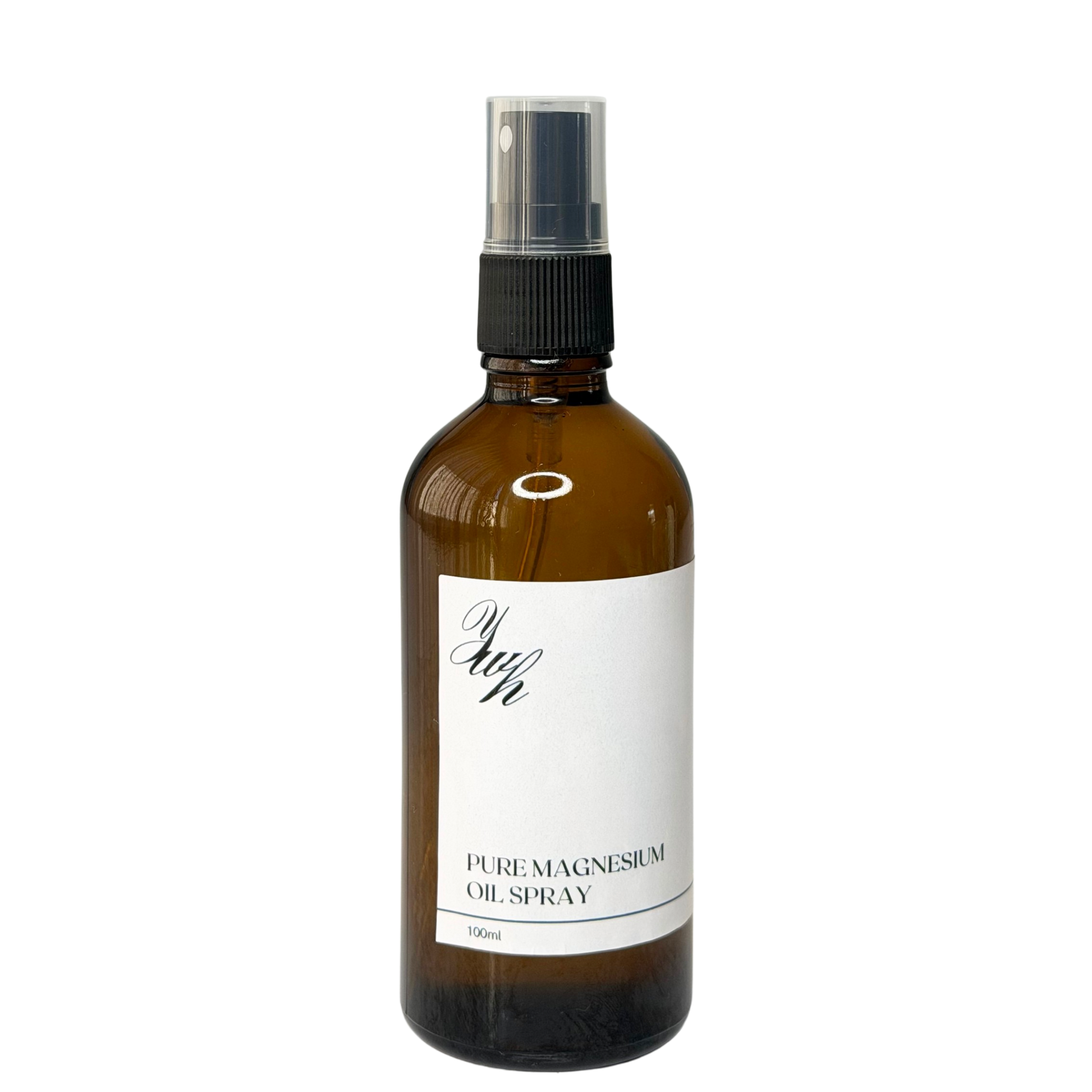 Brown glass spray bottle labeled 'Pure Magnesium Oil Spray' 
