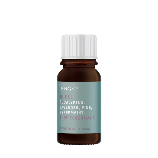 10mls Essential oil bottle named quell with eucalyptus, lavender, pine and peppermint with a white cap on a Transparent background