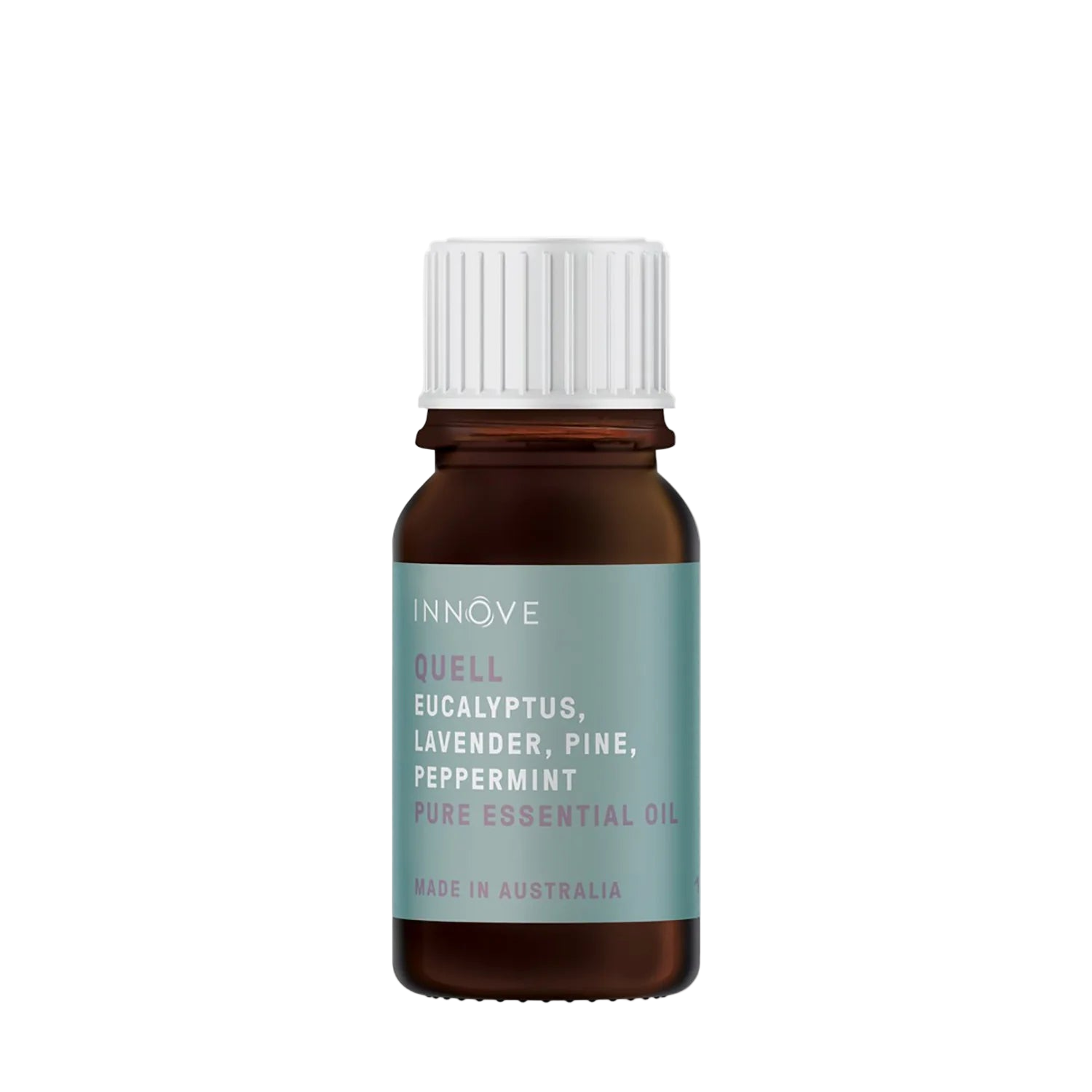 10mls Essential oil bottle named quell with eucalyptus, lavender, pine and peppermint with a white cap on a Transparent background