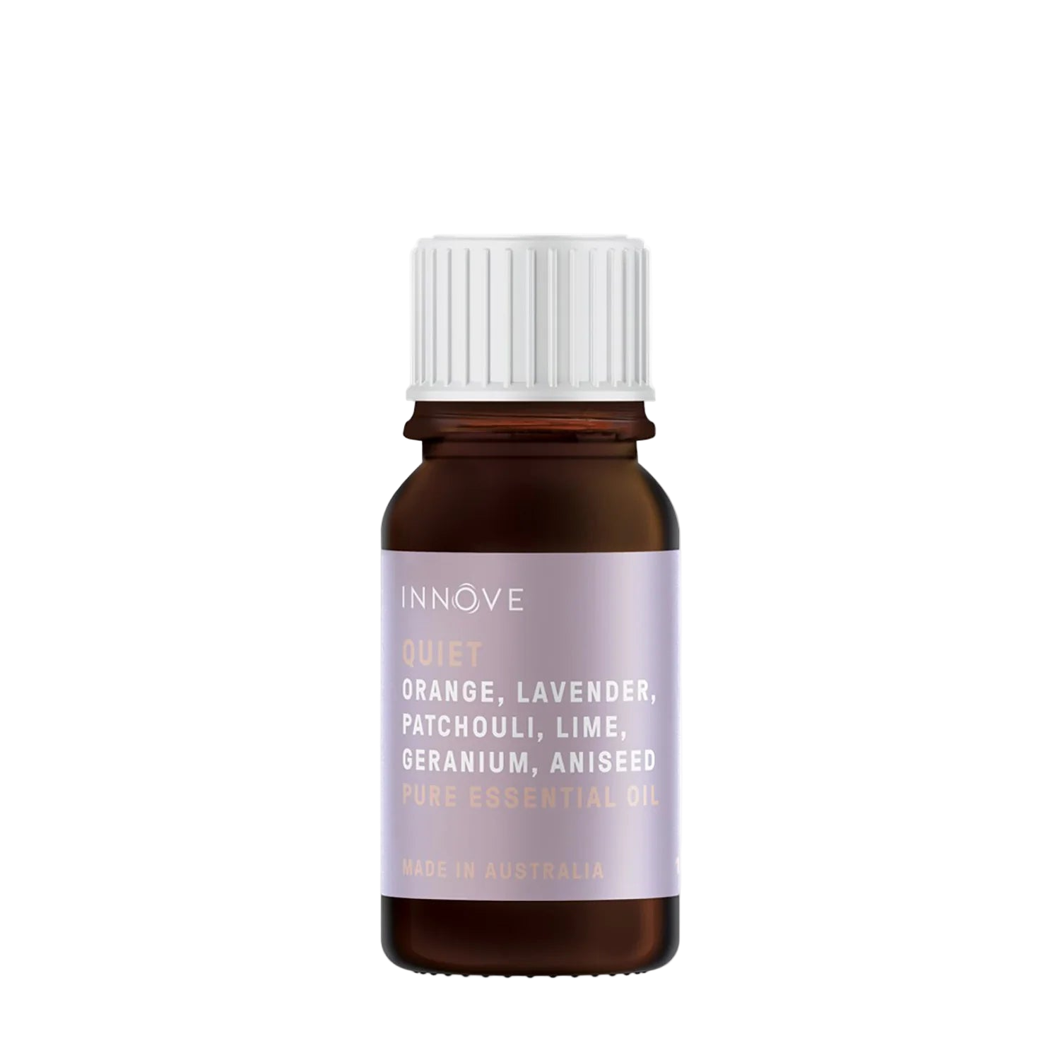 10mls Essential oil bottle named Quiet with orange, lavender, patchouli, lime, geranium and aniseed with a white cap on a Transparent background