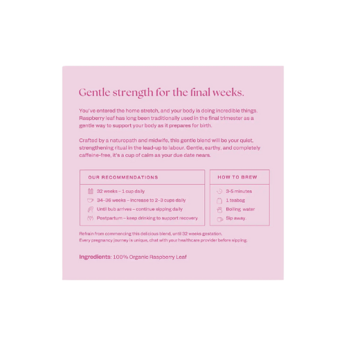 Franjo's Kitchen label with text about raspberry leaf for pregnancy support on a white background