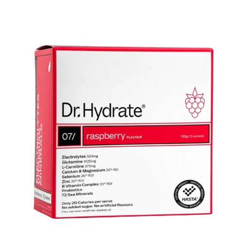 Dr. Hydrate raspberry flavour supplement packaging 15 sachets