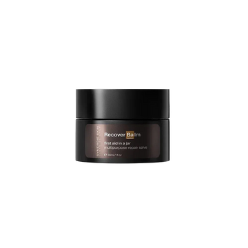 Cosmetic balm jar labeled 'Recover Balm' 