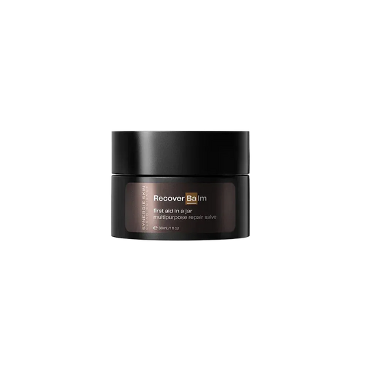Cosmetic balm jar labeled 'Recover Balm' 