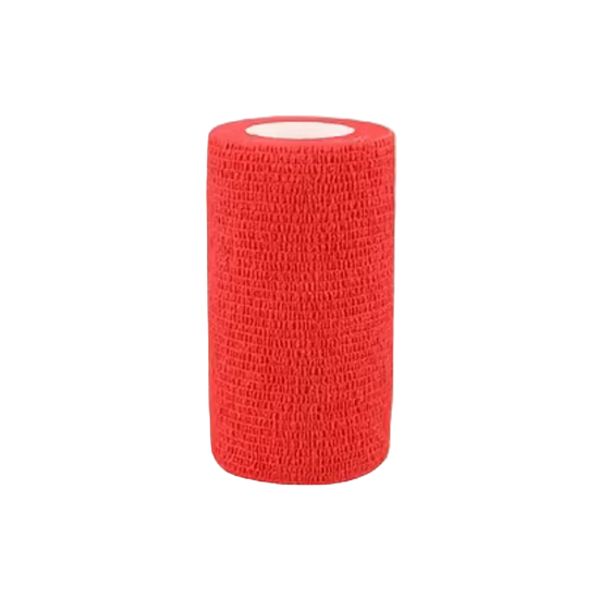 A single roll of bright red vet wrap or athletic tape standing upright on a plain white background.