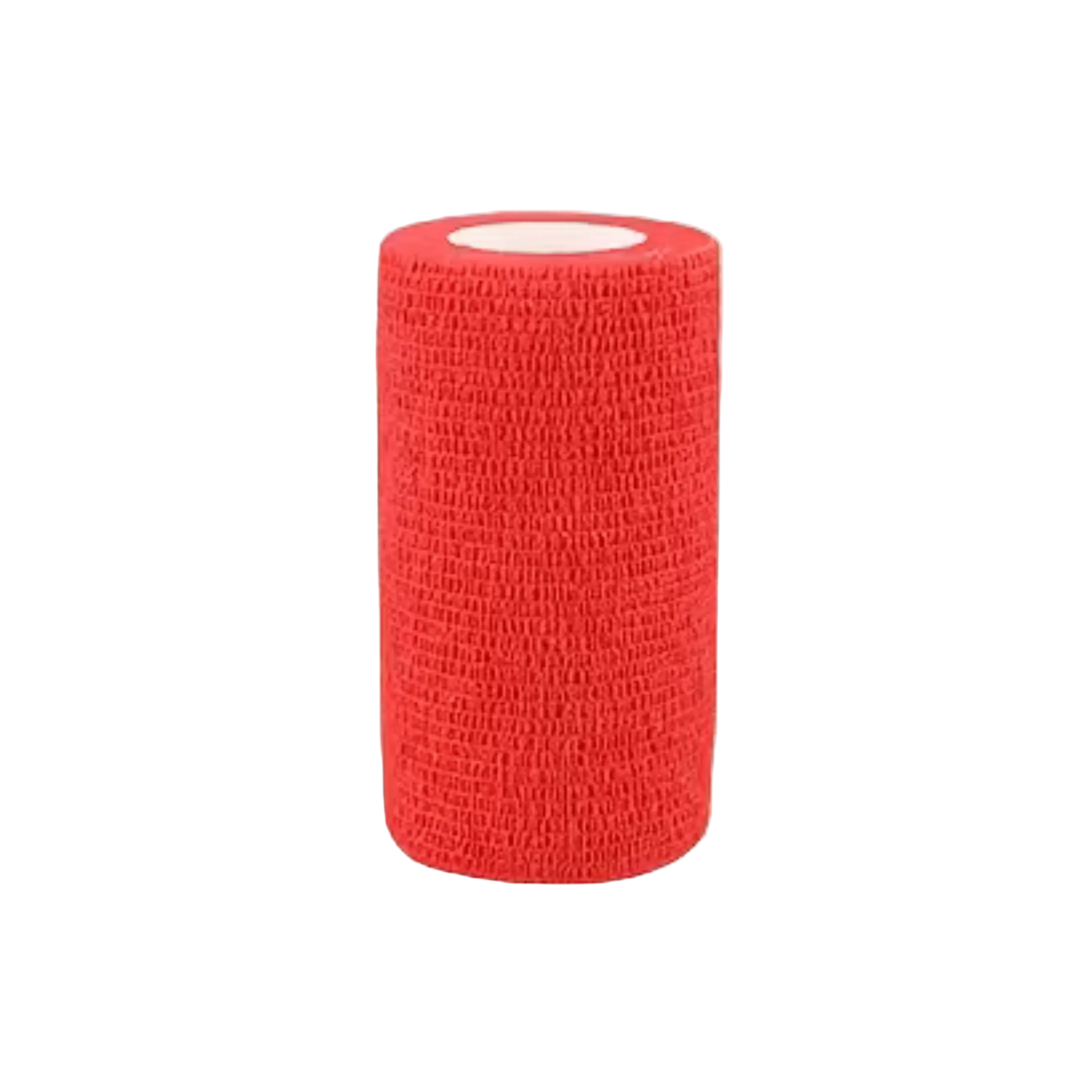 A single roll of bright red vet wrap or athletic tape standing upright on a plain white background.