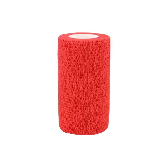 A single roll of bright red vet wrap or athletic tape standing upright on a plain white background.