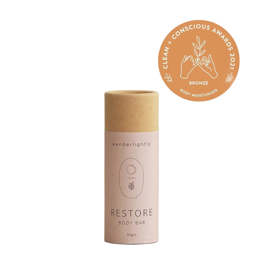 Wanderlightly Restore body bar packaging with a bronze award badge