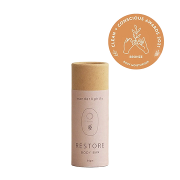Wanderlightly Restore body bar packaging with a bronze award badge