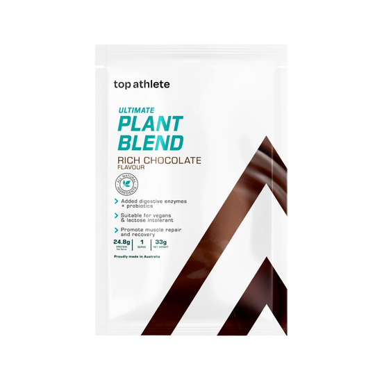 Top Athlete plant-based protein powder package with rich chocolate flavor sample