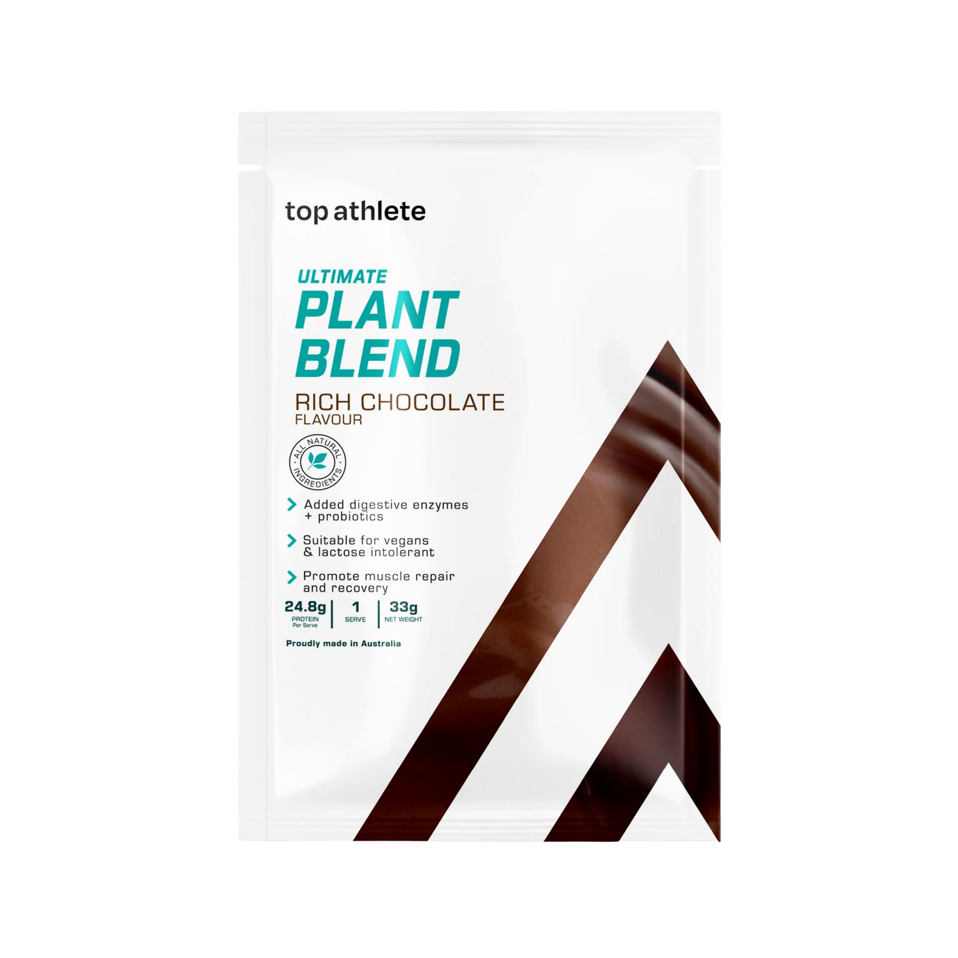 Top Athlete plant-based protein powder package with rich chocolate flavor sample