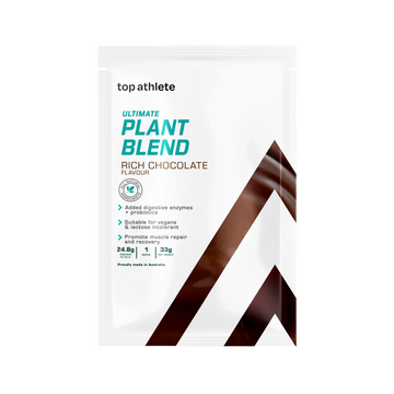Top Athlete plant-based protein powder package with rich chocolate flavor sample
