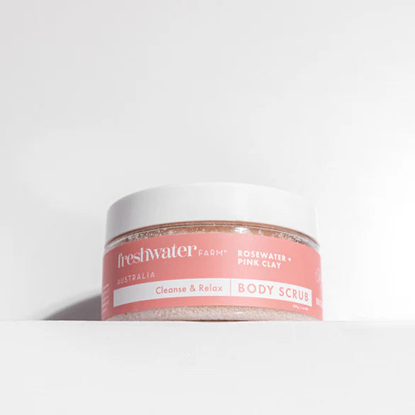 Jar of Freshwater Farms body scrub on a white background