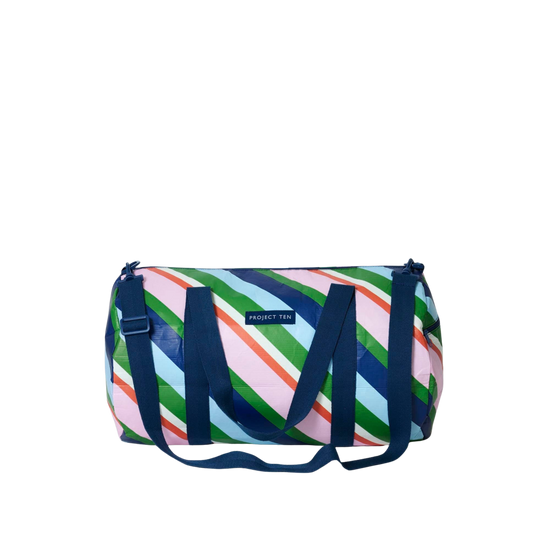 Striped duffel bag with blue straps