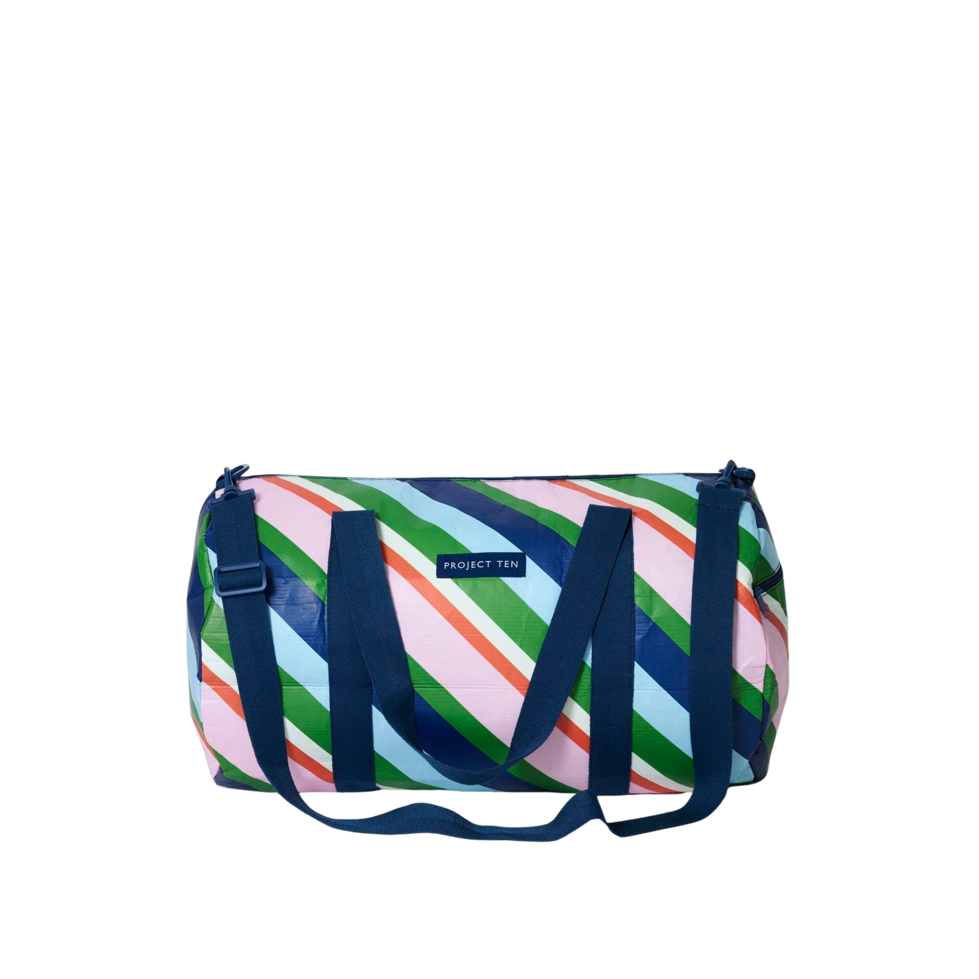 Striped duffel bag with blue straps