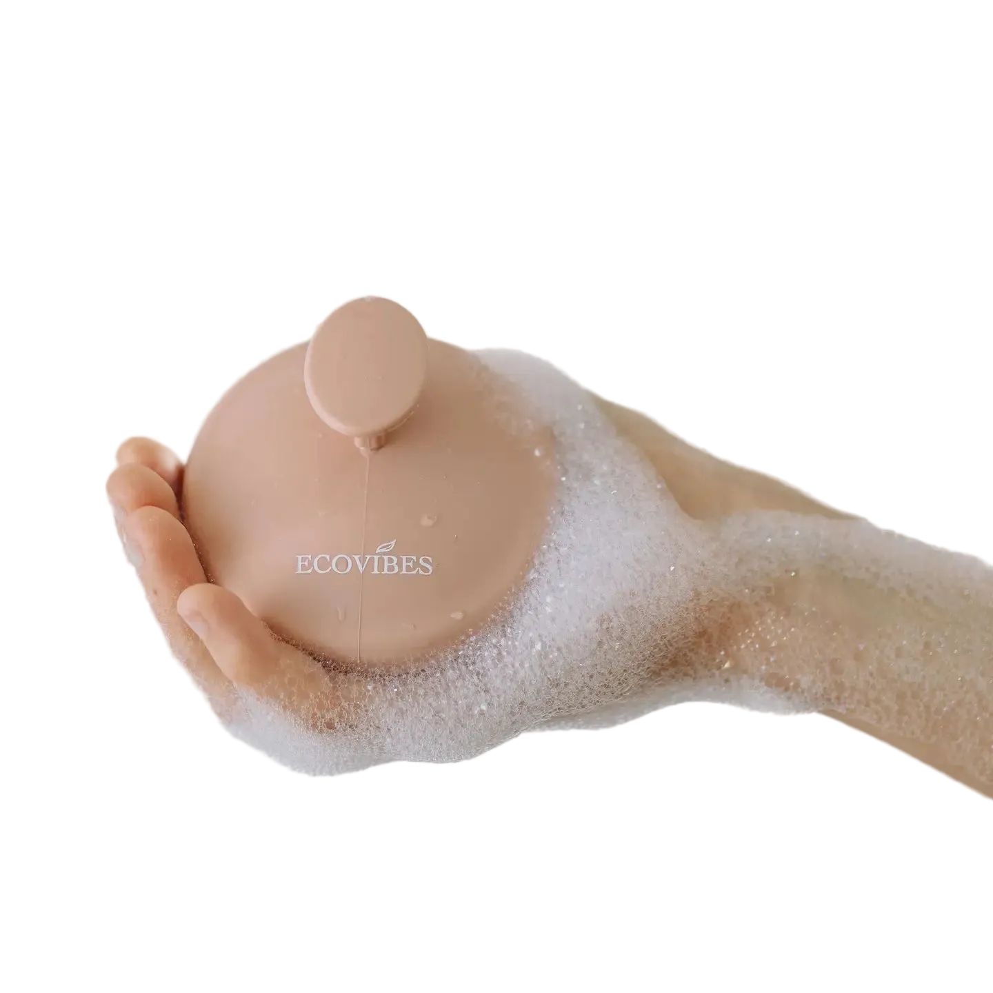 Hand holding a pink bath bomb labeled 'ECOVIBES' with bubbles on a light background