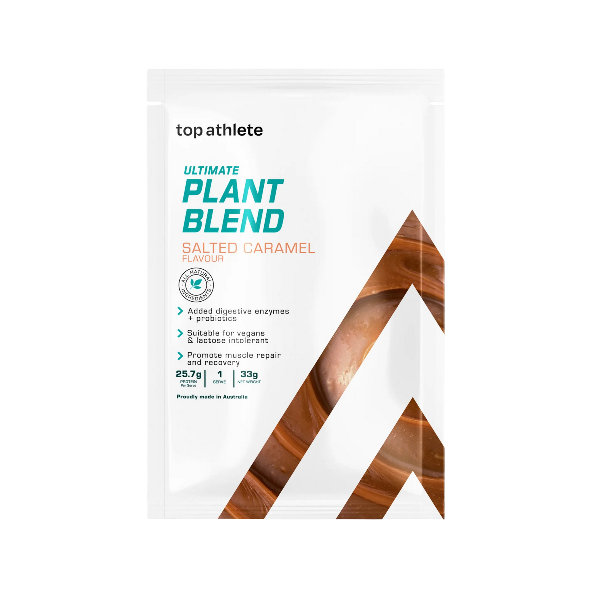 Top Athlete plant-based protein package with salted caramel flavor sample