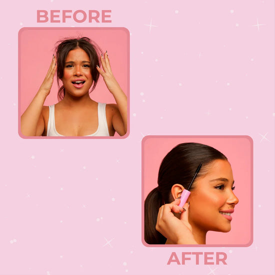 Before and after comparison of a woman with hair taming on a pink background