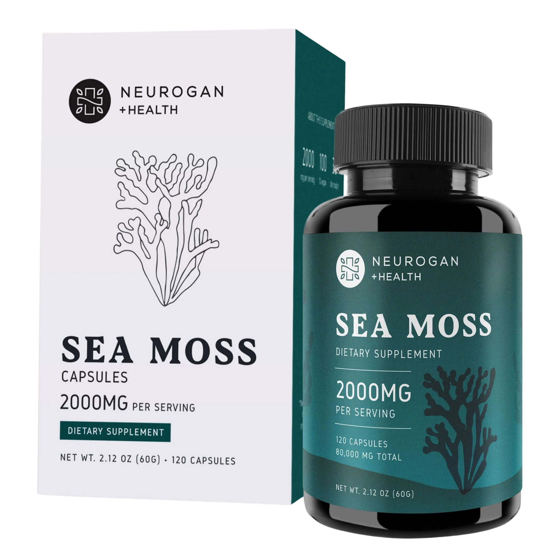 Neurogan Health Sea Moss dietary supplement bottle and packaging on a transparent background