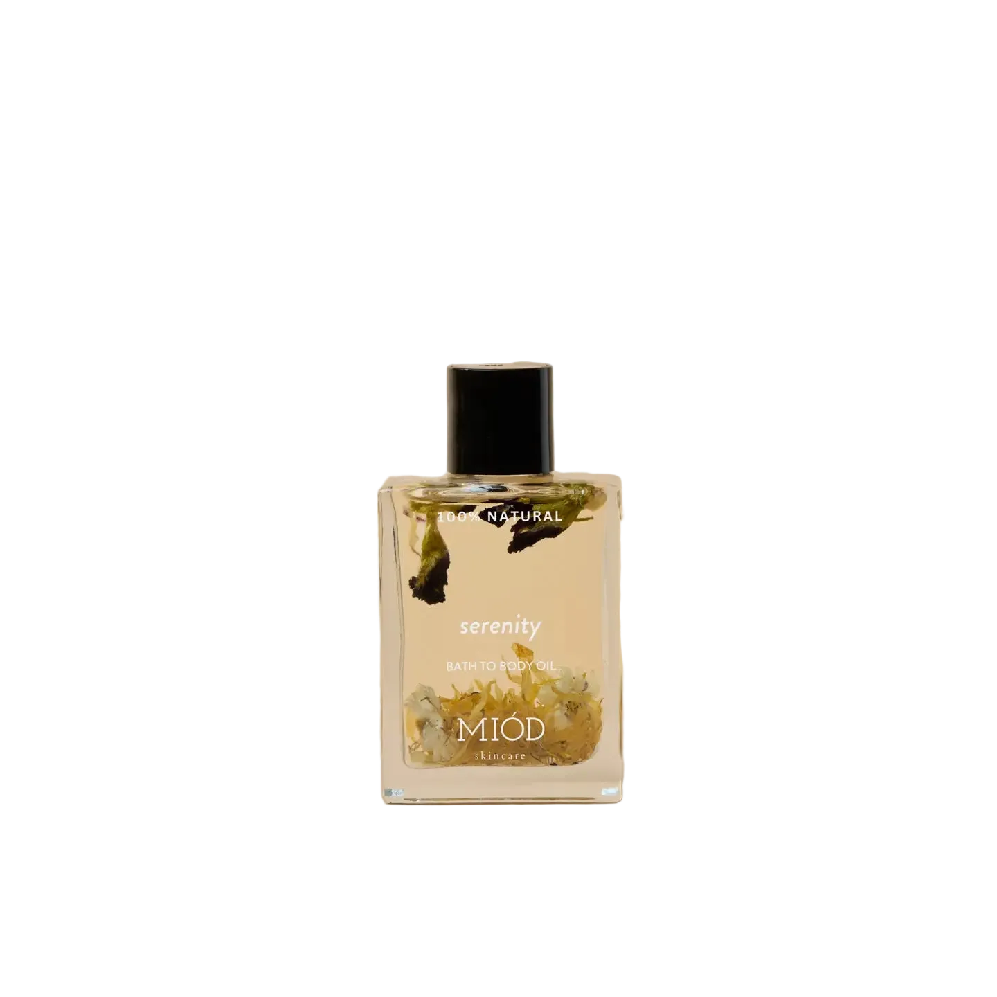 Serenity bath to body oil 100% natural miod glass bottle with black lid and flowers in it. 