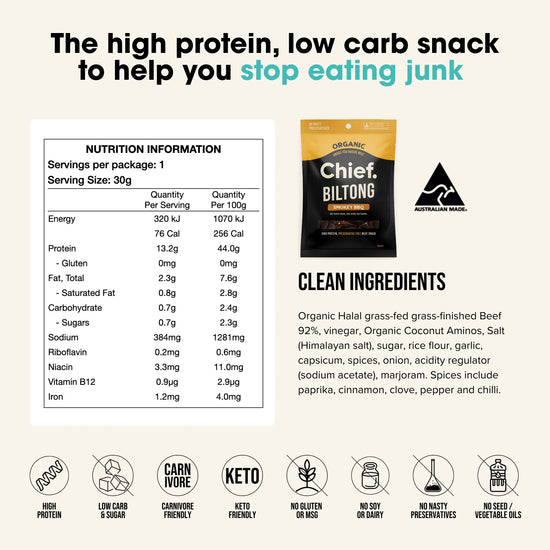 Chief Biltong packaging with nutrition information and product details on a white background