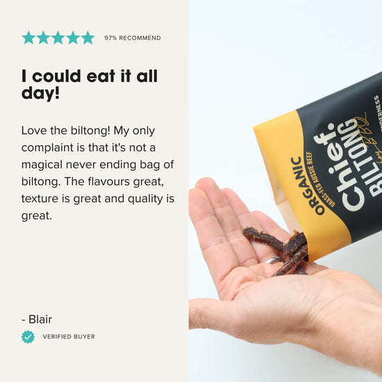 A promotional graphic for Biltong jerky showing a hand holding pieces of the jerky next to a black and yellow bag labeled 'Chiclet Organic Biltong'. The left side features a customer testimonial with a five-star rating and the text 'I could eat it all day!'.