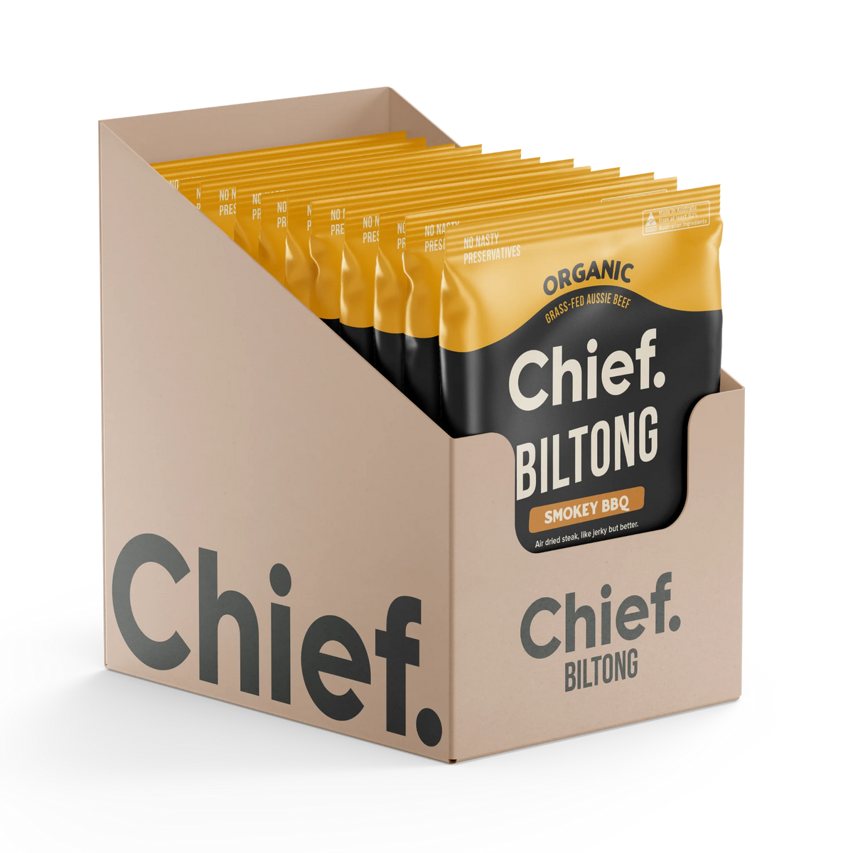 A cardboard display box filled with multiple Chief Biltong smoked BBQ snack pouches.