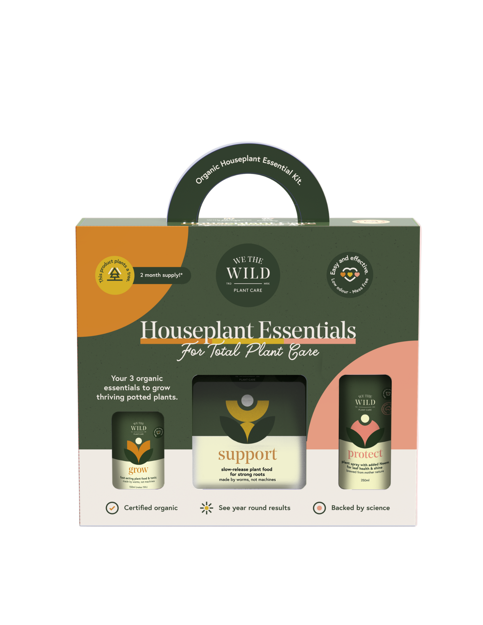 We the Wild Houseplant Essentials packaging with three small bottles on a pink background