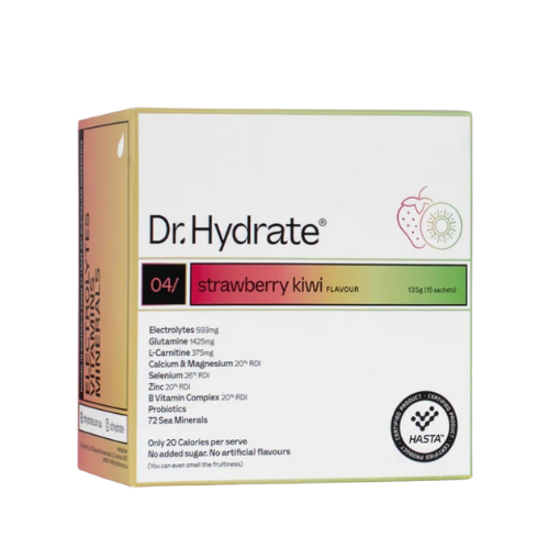 Box of Dr. Hydrate strawberry kiwi flavor 15 sachets 