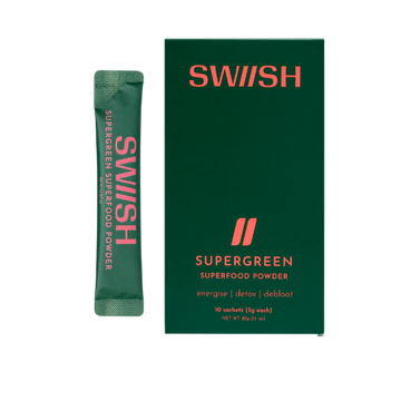 SWIISH Supergreen Superfood Powder packaging with a green sachet on a white background