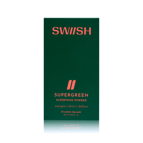 Swish SuperGreen superfood powder packaging on a white background