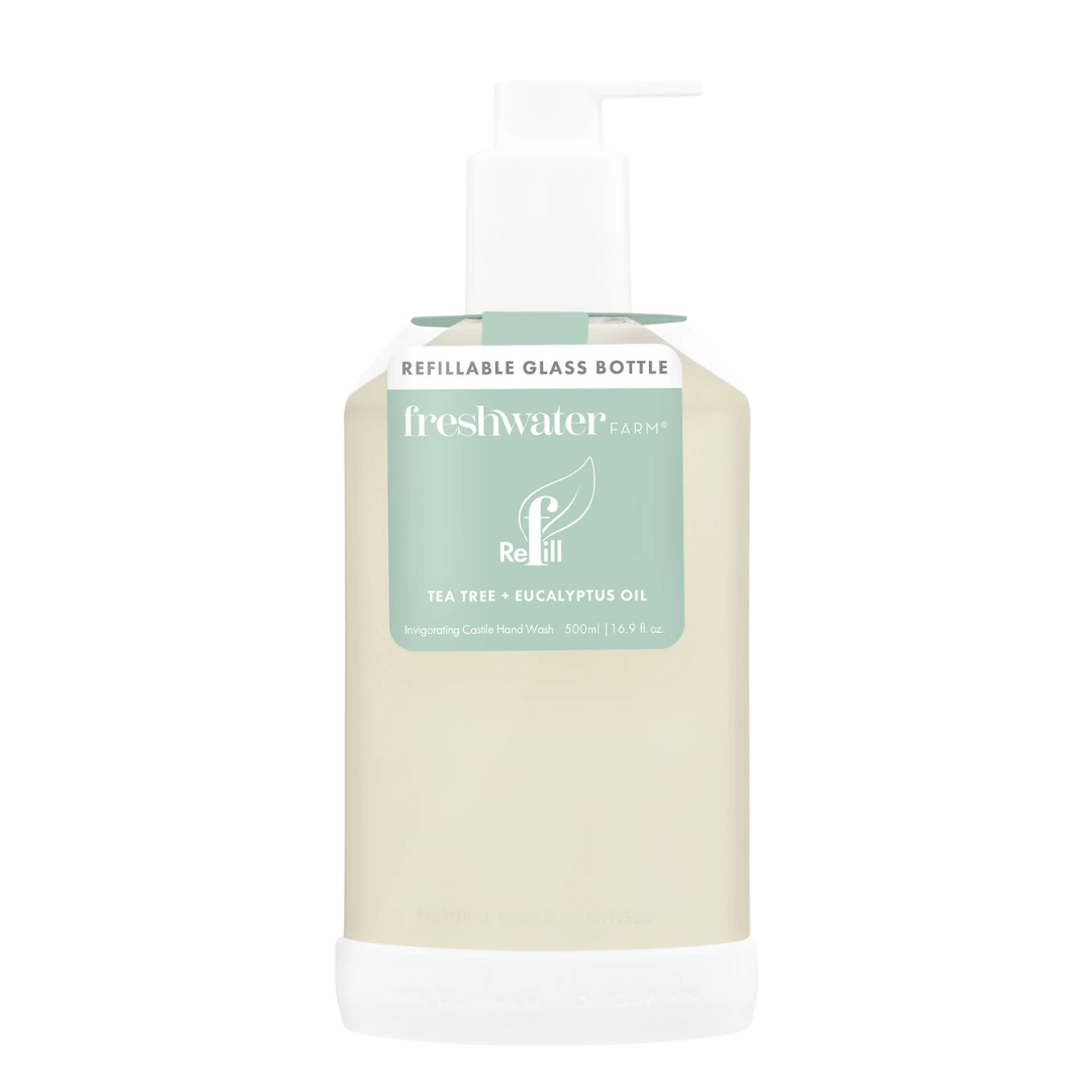 Refillable glass bottle with a green label on a white background