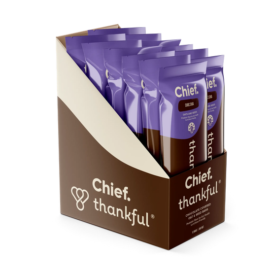 Packaging of Chief Thankful chocolate-covered dried fruit bars