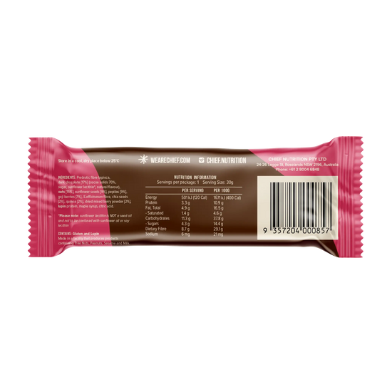 Chocolate protein bar with pink wrapper