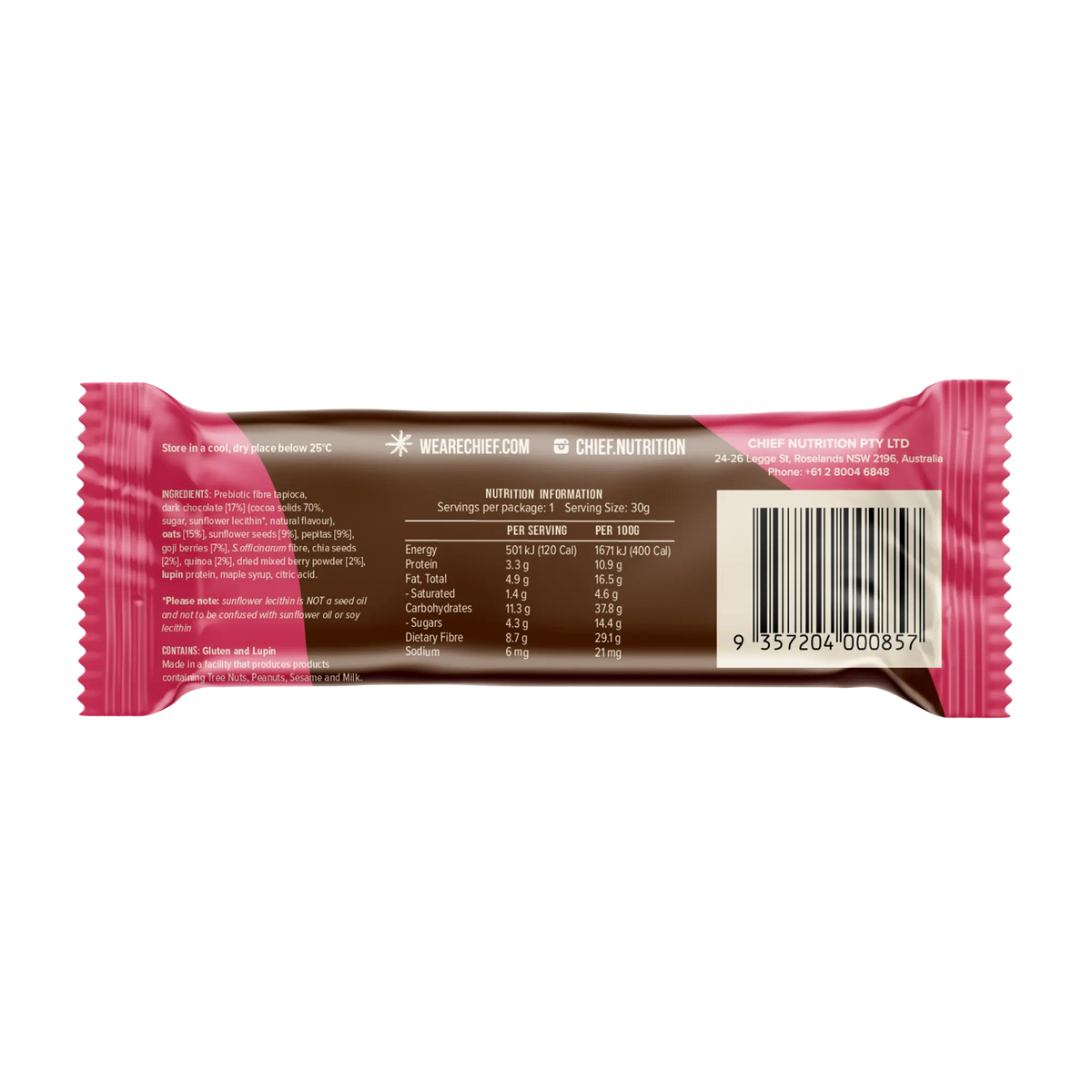 Chocolate protein bar with pink wrapper