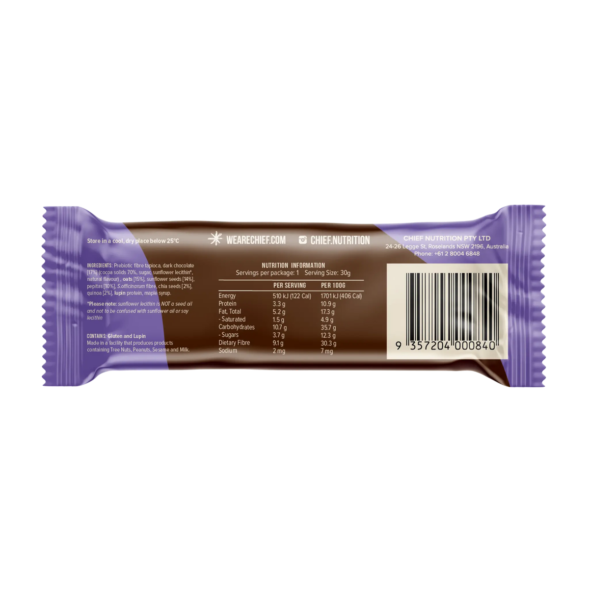 Nutrition bar with purple and brown packaging